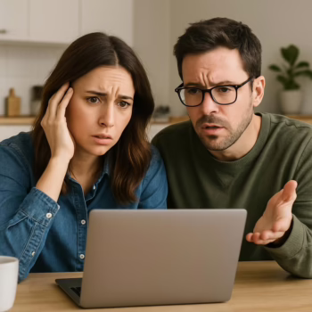 Confused couple staring at a laptop after being ghosted in swinger dating