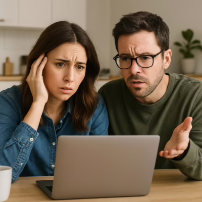 Confused couple staring at a laptop after being ghosted in swinger dating
