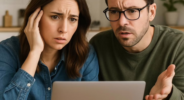 Confused couple staring at a laptop after being ghosted in swinger dating