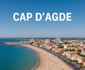 Scenic view of Cap d’Agde’s beach and marina with sunbathers, yachts, and Mediterranean buildings under a clear blue sky – representing Cap d’Agde Swinger Life.