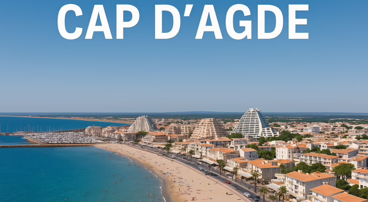 Scenic view of Cap d’Agde’s beach and marina with sunbathers, yachts, and Mediterranean buildings under a clear blue sky – representing Cap d’Agde Swinger Life.