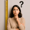 Wondering woman holding a measuring tape, questioning if size matters in the swinger lifestyle.