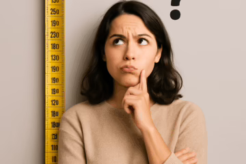 Wondering woman holding a measuring tape, questioning if size matters in the swinger lifestyle.