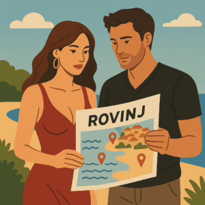 Rovinj swinger destination couple exploring a beach and club map
