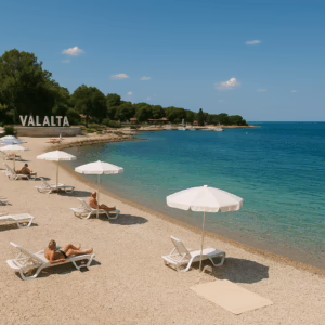 Sunbathers relaxing at Valalta beach near Rovinj, a naturist resort popular among lifestyle and nudist visitors