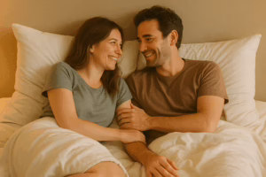 A couple smiling and talking softly in bed, showing emotional closeness and gentle intimacy central to soft swapping relationships.
