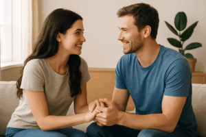 Young couple holding hands and smiling at each other while having a meaningful conversation in a cozy setting