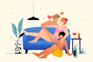 Artistic illustration of an open relationship dynamic, symbolizing emotional connection and physical intimacy between a woman and two male partners in an MFM threesome.