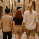 Three friends walking away, including a red-haired woman, an Asian man, and a Viking-style blonde man — symbolic of diversity and connection in MFM dynamics