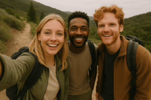 A blonde woman taking a selfie on a hiking trail with a smiling red-haired man and a Black man, representing the playful balance of roles in the hotwife lifestyle