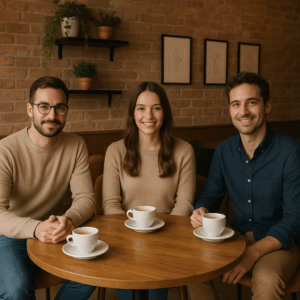 A woman sitting between two men at a café, symbolizing the hotwife dynamic with the vixen flanked by potential stag and bull partners