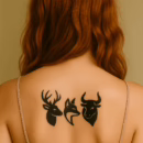 A woman with a tattooed back symbolizing the Stag, Vixen, and Bull roles in hotwife vocabulary