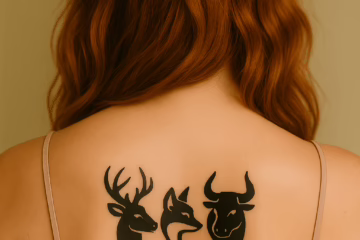 A woman with a tattooed back symbolizing the Stag, Vixen, and Bull roles in hotwife vocabulary