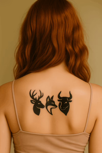 A woman with a tattooed back symbolizing the Stag, Vixen, and Bull roles in hotwife vocabulary