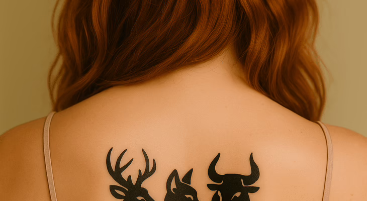 A woman with a tattooed back symbolizing the Stag, Vixen, and Bull roles in hotwife vocabulary