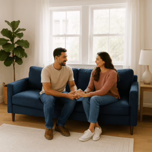 Couple having an open conversation about moving from soft swap to full swap
