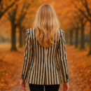 A blonde woman in a striped blazer and high boots walking away on an autumn path, symbolizing the journey of a first hotwife experience