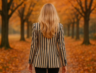A blonde woman in a striped blazer and high boots walking away on an autumn path, symbolizing the journey of a first hotwife experience