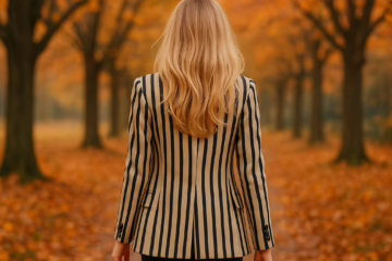 A blonde woman in a striped blazer and high boots walking away on an autumn path, symbolizing the journey of a first hotwife experience