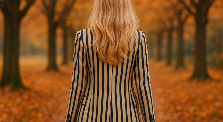 A blonde woman in a striped blazer and high boots walking away on an autumn path, symbolizing the journey of a first hotwife experience