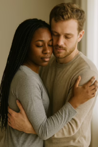 A young interracial couple sharing a gentle hug near a sunlit window, both with eyes closed, conveying warmth, trust, and emotional closeness.