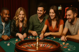 Three casual couples around a roulette table in a lively casino setting, symbolizing conversation starters for swinger couples