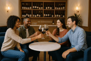 Swinger couples enjoying drinks and building trust before moving from soft swap to full swap