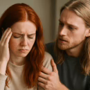 A red-haired woman looking upset while her long-blonde-haired partner gently comforts her, representing a couple dealing with jealousy in swinger relationships.