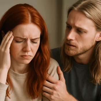 A red-haired woman looking upset while her long-blonde-haired partner gently comforts her, representing a couple dealing with jealousy in swinger relationships.