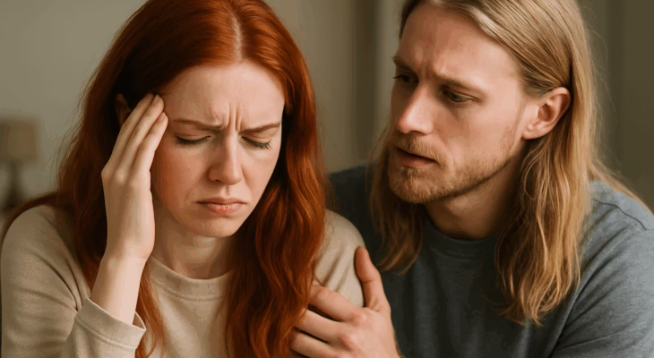 A red-haired woman looking upset while her long-blonde-haired partner gently comforts her, representing a couple dealing with jealousy in swinger relationships.