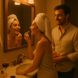 A smiling couple preparing in the bathroom, with the woman applying lipstick and the man watching warmly — capturing the intimate mood before a private swinger party or date.