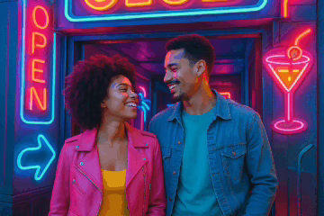 A young couple holding hands at the glowing entrance of a neon-lit swingers club, ready for their first visit