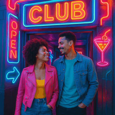 A young couple holding hands at the glowing entrance of a neon-lit swingers club, ready for their first visit