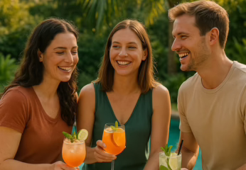 A couple and their female friend laughing together while sharing cocktails by a pool in a lush green setting.