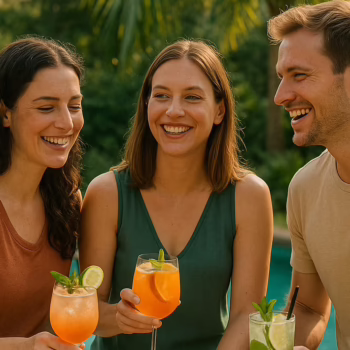 A couple and their female friend laughing together while sharing cocktails by a pool in a lush green setting.
