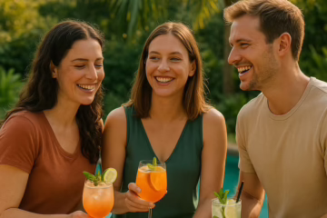 A couple and their female friend laughing together while sharing cocktails by a pool in a lush green setting.