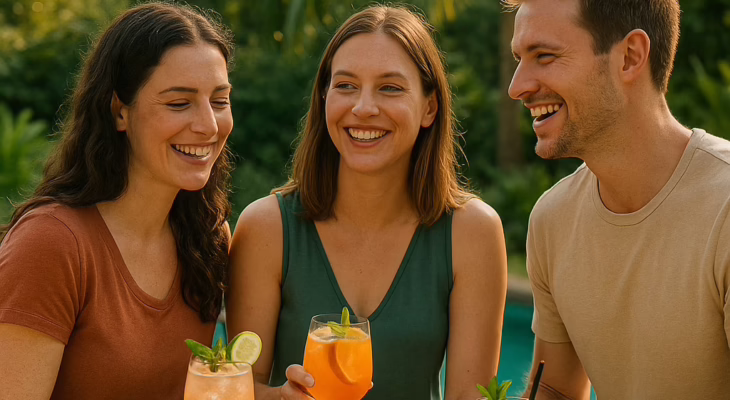 A couple and their female friend laughing together while sharing cocktails by a pool in a lush green setting.