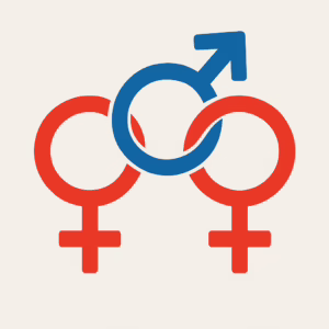 Graphic of two red female symbols and one blue male symbol interlocked in a triangular shape.
