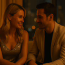 Couple sitting close together in warm evening light, having an intimate and honest conversation about trust, connection, and boundaries in swinging.