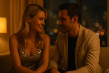 Couple sitting close together in warm evening light, having an intimate and honest conversation about trust, connection, and boundaries in swinging.