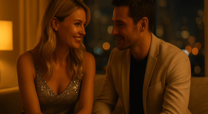 Couple sitting close together in warm evening light, having an intimate and honest conversation about trust, connection, and boundaries in swinging.