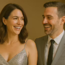 Smiling couple dressed in elegant cocktail outfits getting ready for a night out, the woman wearing a silver glitter dress and the man in a light gray suit – perfect example of what to wear in a swinger club.