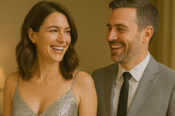 Smiling couple dressed in elegant cocktail outfits getting ready for a night out, the woman wearing a silver glitter dress and the man in a light gray suit – perfect example of what to wear in a swinger club.