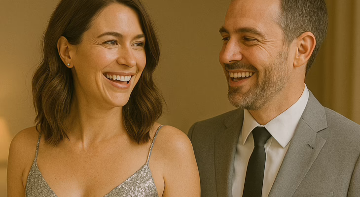 Smiling couple dressed in elegant cocktail outfits getting ready for a night out, the woman wearing a silver glitter dress and the man in a light gray suit – perfect example of what to wear in a swinger club.