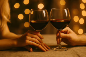 Close-up of two hands gently touching beside glasses of wine on a softly lit table, symbolizing trust, communication, and emotional connection while exploring boundaries in swinging.