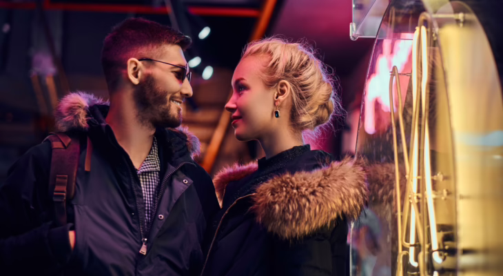 A nervous couple arriving together for their first swinger club experience, holding hands and smiling with anticipation.