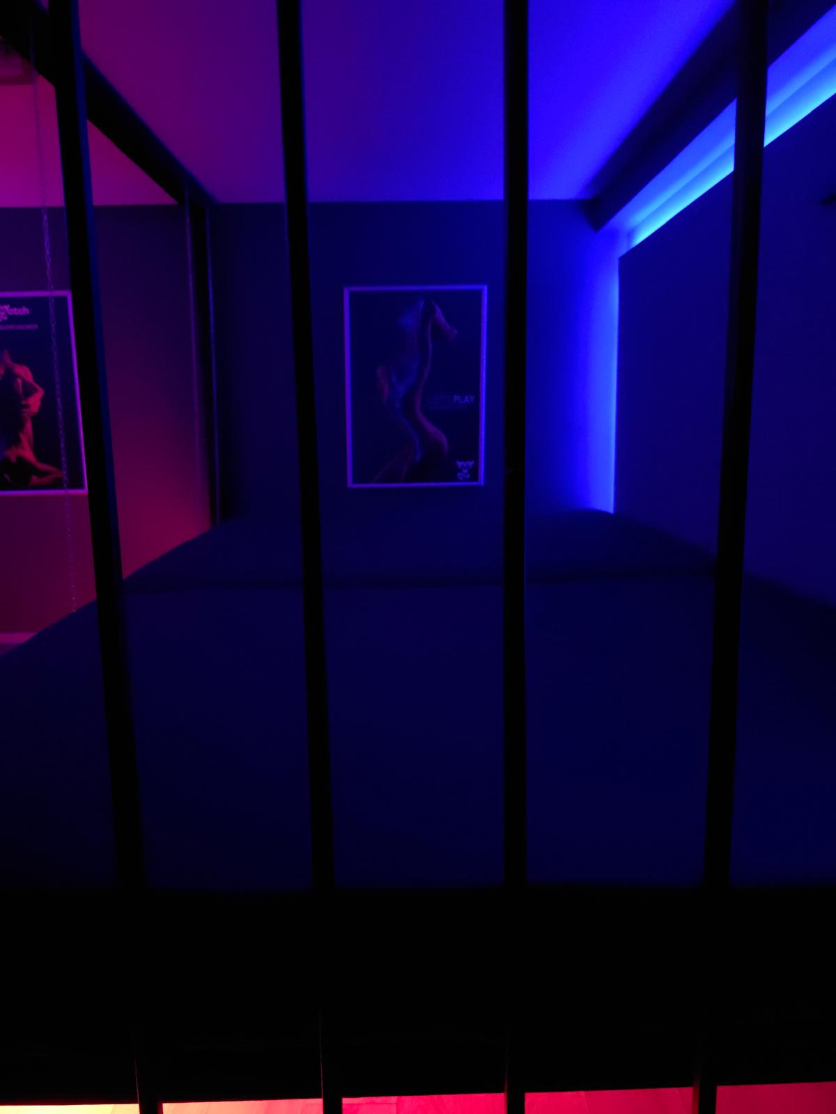 Dim exhibition space bathed in blue and purple neon light, with a framed abstract dancer poster on the back wall visible through dark vertical bars.