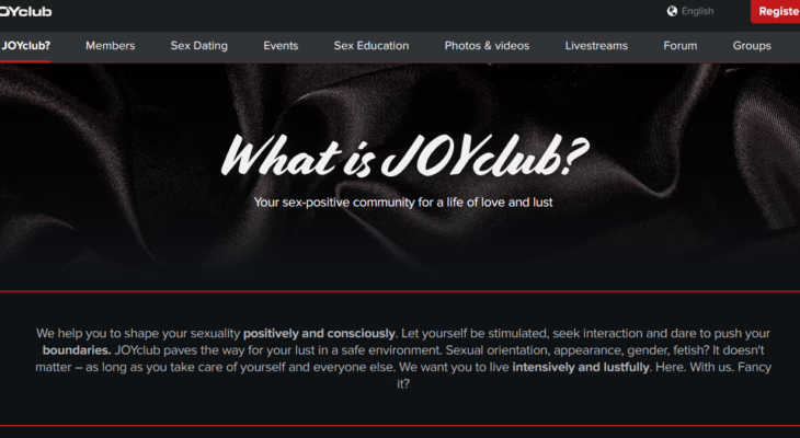 JOYclub homepage showing adult dating and lifestyle platform interface for open-minded singles and couples in Germany
