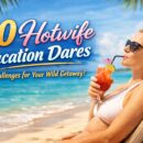 Woman relaxing on a beach sunbed holding a cocktail with “40 Hotwife Vacation Dares” text overlay