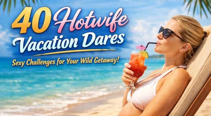Woman relaxing on a beach sunbed holding a cocktail with “40 Hotwife Vacation Dares” text overlay